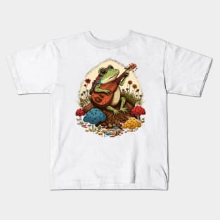 Cottagecore aesthetic cute frog playing ukelele on Mushroom Kids T-Shirt